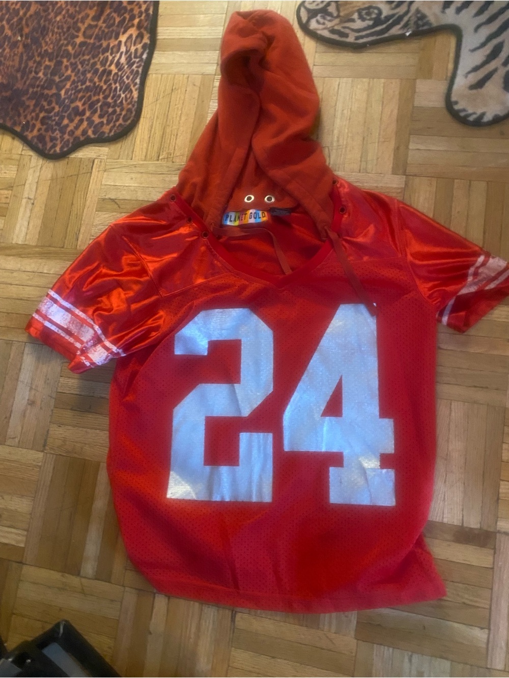 Ladies fashion football Red Hooded Jersey Top with White 24